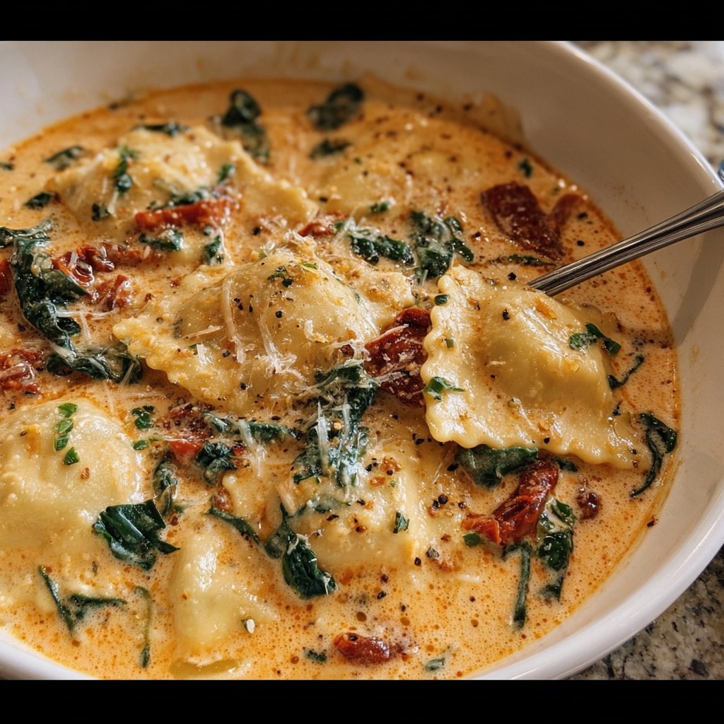 Cheesy Ravioli Soup – Creamy Tuscan Style