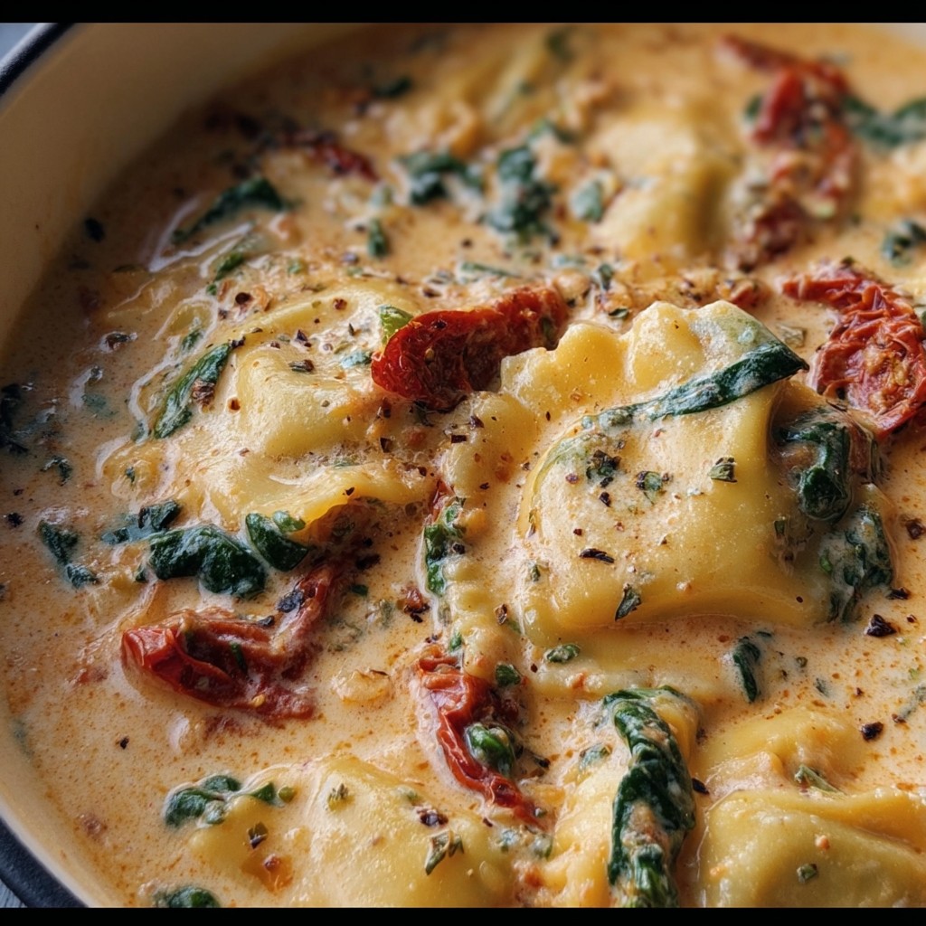 Cheesy Ravioli Soup – Creamy Tuscan Style