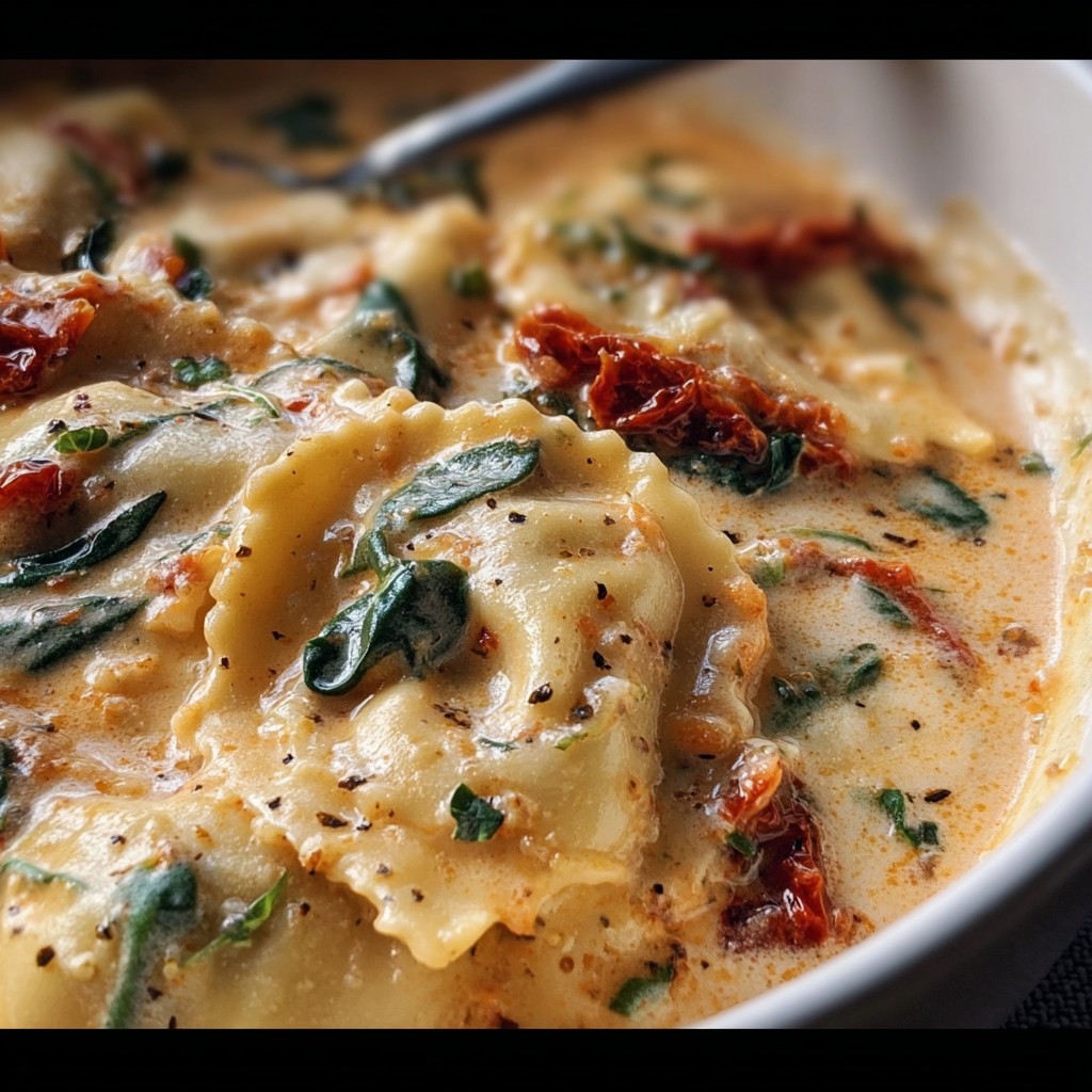 Cheesy Ravioli Soup – Creamy Tuscan Style
