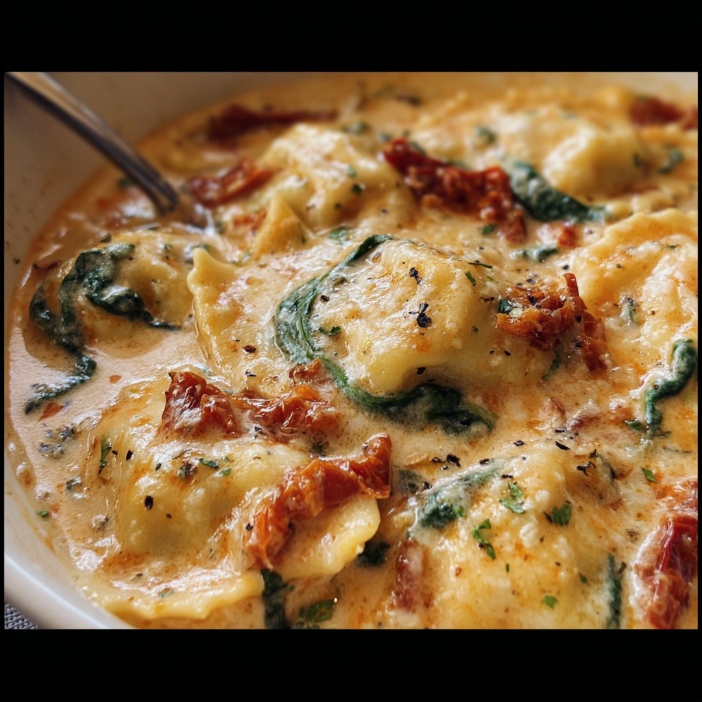 Cheesy Ravioli Soup – Creamy Tuscan Style