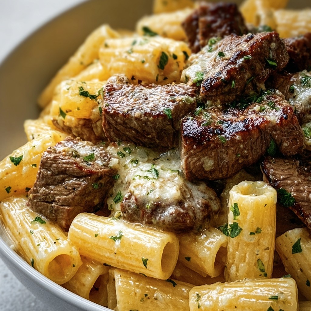 Garlic Butter Steak Tips with Cheesy Rigatoni