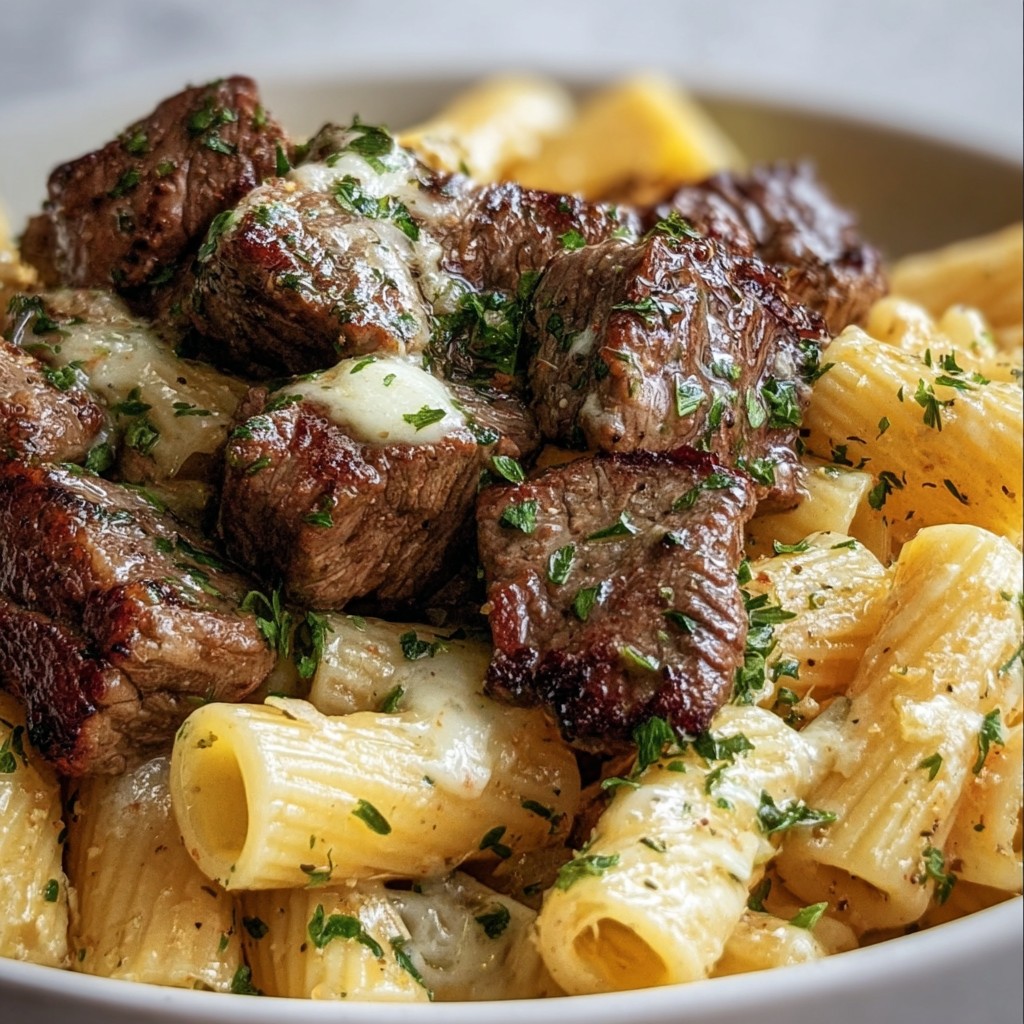 Garlic Butter Steak Tips with Cheesy Rigatoni