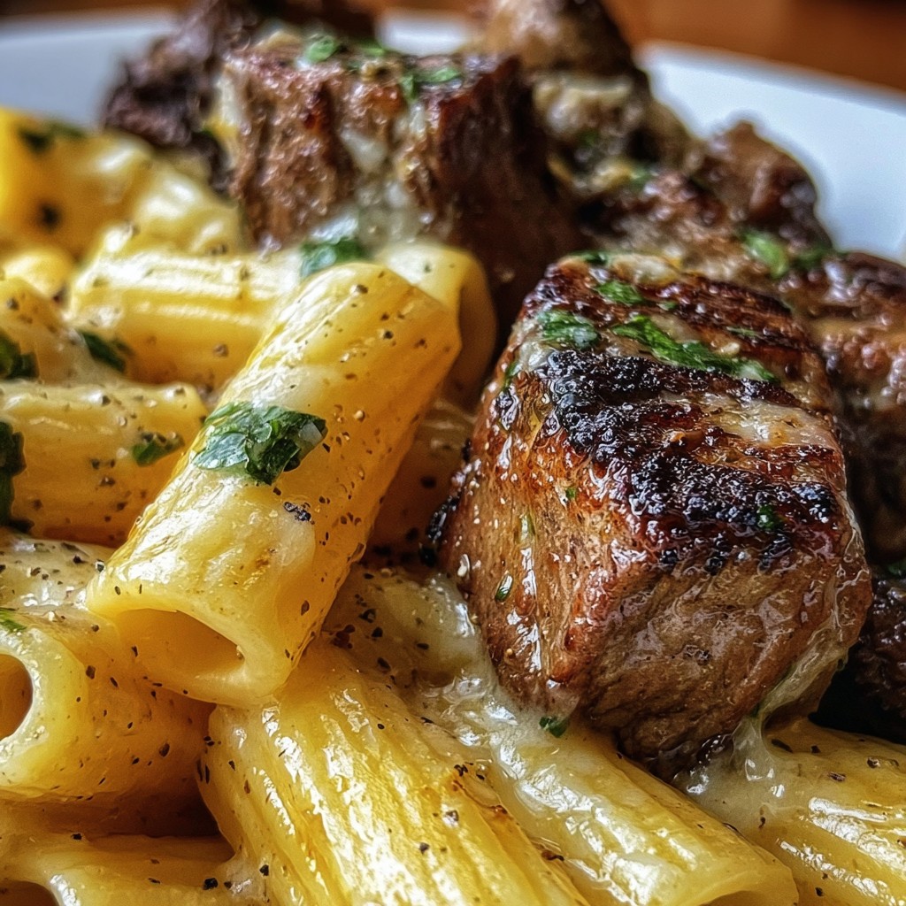 Garlic Butter Steak Tips with Cheesy Rigatoni
