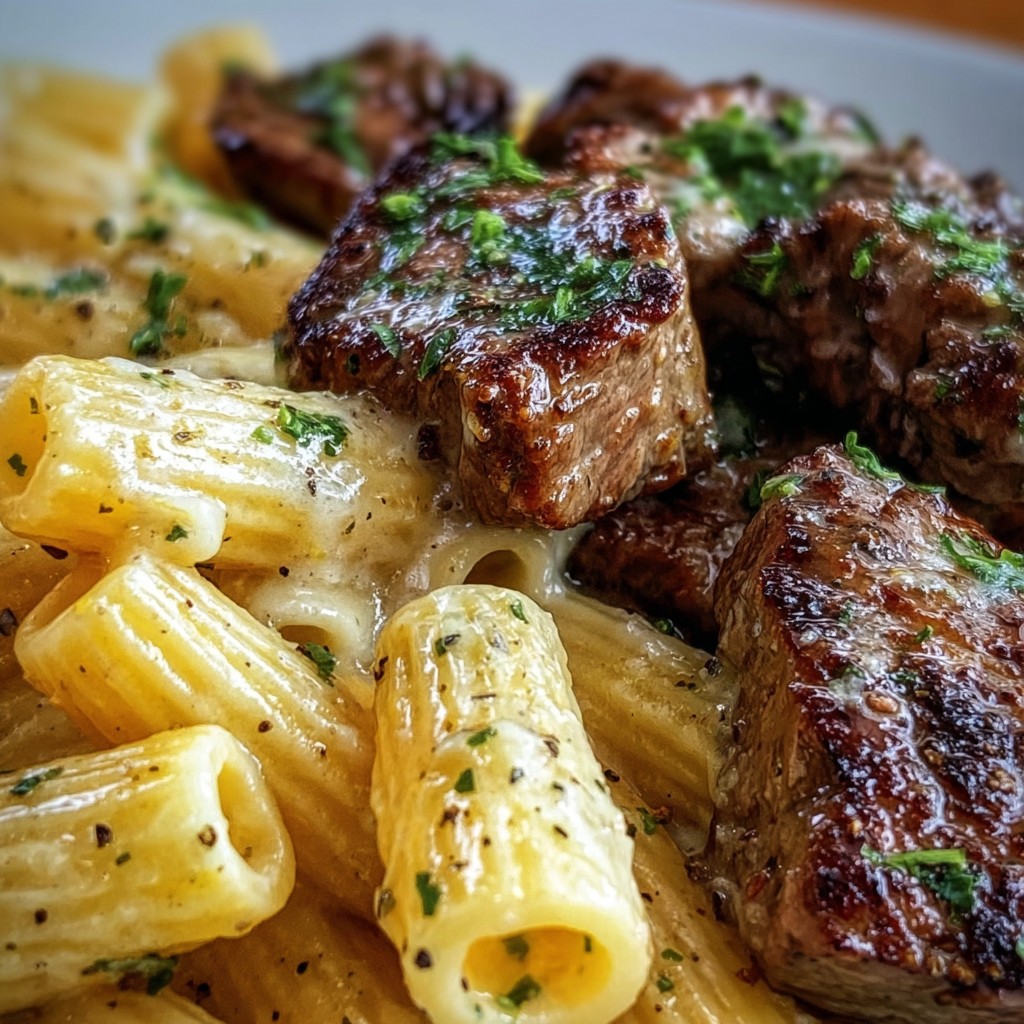Garlic Butter Steak Tips with Cheesy Rigatoni